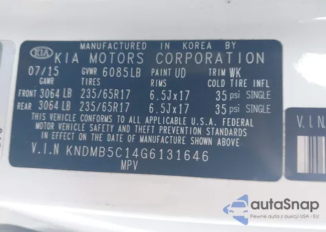 2016 Kia Sedona Lx from USA, damaged, VIN KNDMB5C14G6131646